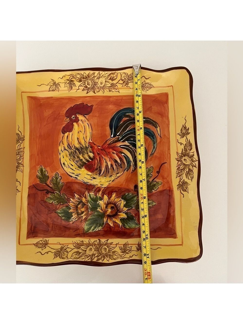 MAXCERA CORP Orange Rooster Square Plate Sunflowers Floral Edge Pattern Farmcore - Picture 7 of 8